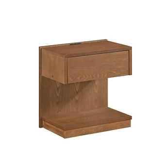 C Shaped End Table, 1 Drawer USB Port, 18 Inch, Wire Brush Brown Wood