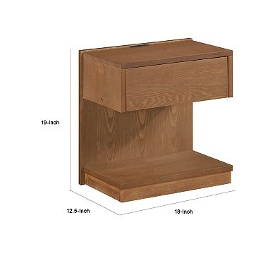 C Shaped End Table, 1 Drawer USB Port, 18 Inch, Wire Brush Brown Wood