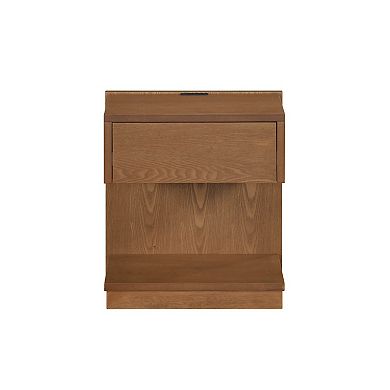 C Shaped End Table, 1 Drawer USB Port, 18 Inch, Wire Brush Brown Wood