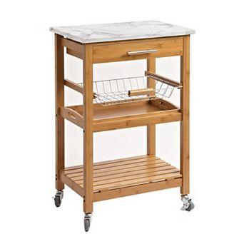 Jude Rolling Kitchen Bar Cart, 2 Shelves, Faux Marble, Brown Bamboo