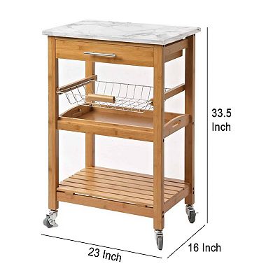 Jude Rolling Kitchen Bar Cart, 2 Shelves, Faux Marble, Brown Bamboo