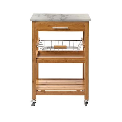 Jude Rolling Kitchen Bar Cart, 2 Shelves, Faux Marble, Brown Bamboo