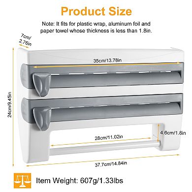 Kitchen Roll Dispenser & Organizer with Cutter, Wall-Mounted for Paper, Plastic Wrap, Foil