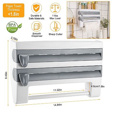 Kitchen Roll Dispenser & Organizer with Cutter, Wall-Mounted for Paper, Plastic Wrap, Foil