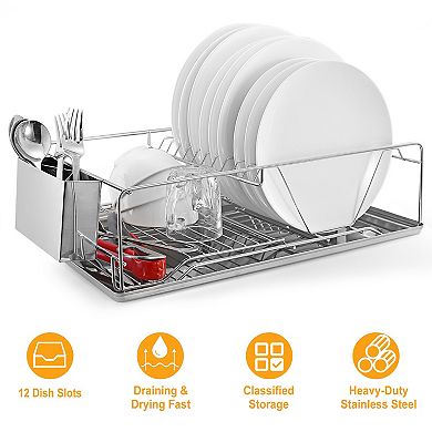 Stainless Steel Dish Drying Rack with Drainboard & Cutlery Holder, Kitchen Dish Organizer