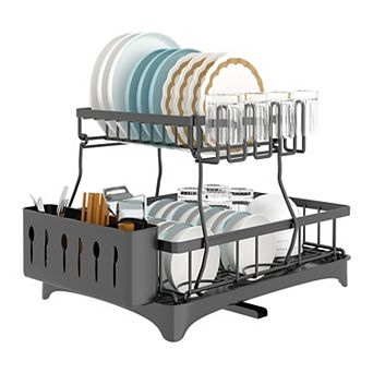 2 tier Dish Drying Rack with Drainboard, Utensil Holder, Cup Rack & Swivel Spout for Kitchen