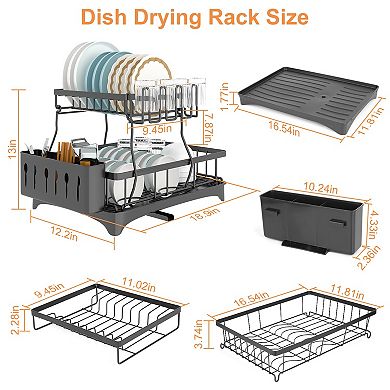 2-Tier Dish Drying Rack with Drainboard, Utensil Holder, Cup Rack & Swivel Spout for Kitchen