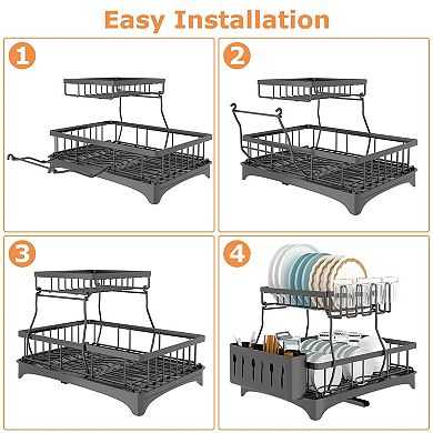 2-Tier Dish Drying Rack with Drainboard, Utensil Holder, Cup Rack & Swivel Spout for Kitchen