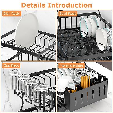 2-Tier Dish Drying Rack with Drainboard, Utensil Holder, Cup Rack & Swivel Spout for Kitchen