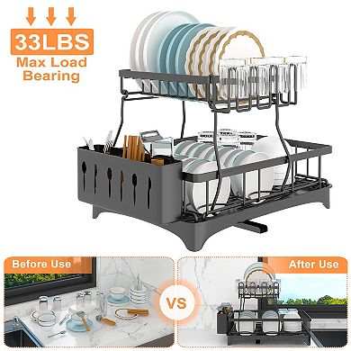 2-Tier Dish Drying Rack with Drainboard, Utensil Holder, Cup Rack & Swivel Spout for Kitchen