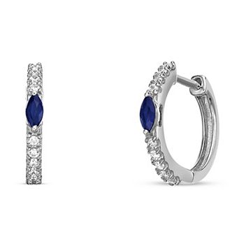 Gemminded Rhodium Over 10k Gold 1/8 Carat T.W. Diamond & Sapphire Hoop Earrings