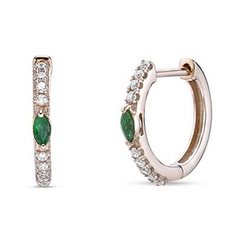 Gemminded 10k Gold 1/8 Carat T.W. Diamond & Emerald Hoop Earrings