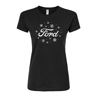 Juniors' Ford Logo Snowflakes Fitted Christmas Graphic Tee