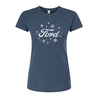 Juniors' Ford Logo Snowflakes Fitted Christmas Graphic Tee