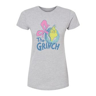 Juniors' Dr. Seuss The Grinch Wreath Fitted Christmas Graphic Tee