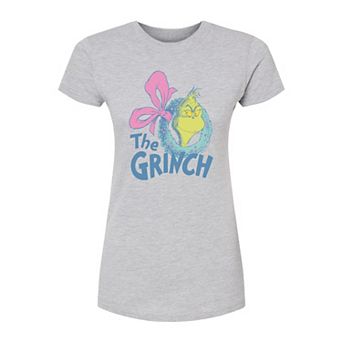 Juniors' Dr. Seuss The Grinch Wreath Fitted Christmas Graphic Tee