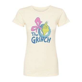 Juniors' Dr. Seuss The Grinch Wreath Fitted Christmas Graphic Tee
