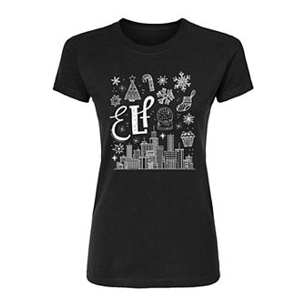 Juniors' Elf Icon Doodles Fitted Christmas Graphic Tee