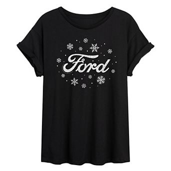 Juniors' Ford Logo Snowflakes Oversized Tee