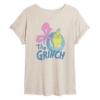Juniors' Dr. Seuss The Grinch Wreath Muted Oversized Tee