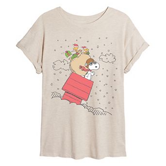 Juniors' Peanuts Snoopy & Woodstock House Sled Oversized Tee