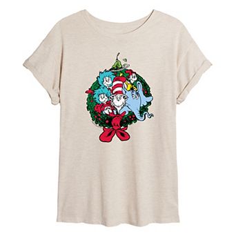 Juniors' Dr. Seuss Characters Christmas Wreath Oversized Tee