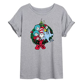 Juniors' Dr. Seuss Characters Christmas Wreath Oversized Tee