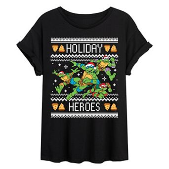 Juniors' Teenage Mutant Ninja Turtles Holiday Heroes Ugly Sweater Oversized Tee