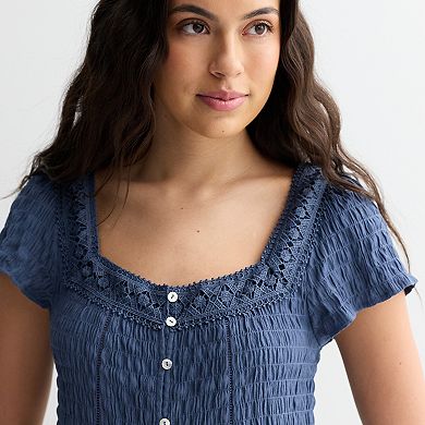 Juniors' Pink Republic Smock Crinkled Short Sleeve Top