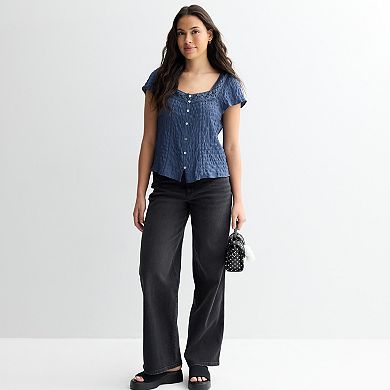 Juniors' Pink Republic Smock Crinkled Short Sleeve Top