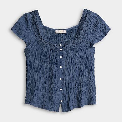 Juniors' Pink Republic Smock Crinkled Short Sleeve Top