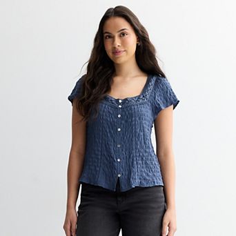 Juniors' Pink Republic Smock Crinkled Short Sleeve Top