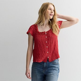 Juniors' Pink Republic Smock Crinkled Short Sleeve Top