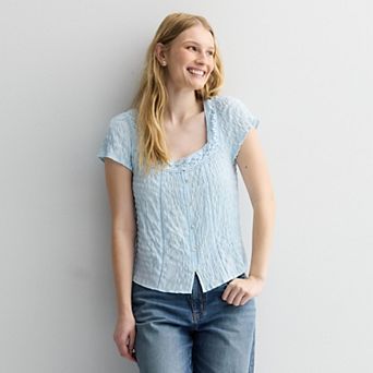 Juniors' Pink Republic Smock Crinkled Short Sleeve Top