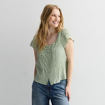 Juniors' Pink Republic Smock Crinkled Short Sleeve Top