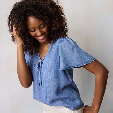 Petite LC Lauren Conrad Tie Key Hole Flutter Sleeve Woven Top