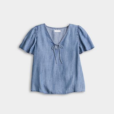 Petite LC Lauren Conrad Tie Key Hole Flutter Sleeve Woven Top