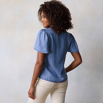 Petite LC Lauren Conrad Tie Key Hole Flutter Sleeve Woven Top