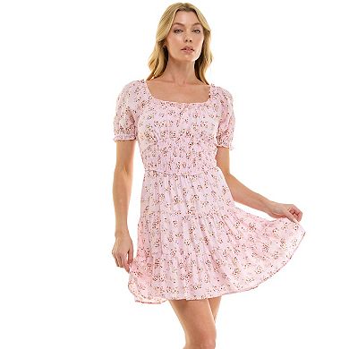 Juniors' Lily Rose Puff Sleeve Tiered Dress with Smocking