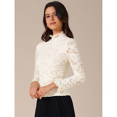 Women's Fall Winter Basic Lace Top Long Sleeve Ruffle Neck Floral Blouse