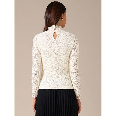 Women's Fall Winter Basic Lace Top Long Sleeve Ruffle Neck Floral Blouse