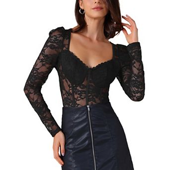 Women's Bodysuit Corset Tops Long Sleeve See Through Sheer t Shirt