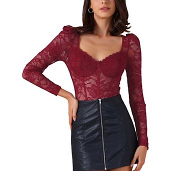 Women's Bodysuit Corset Tops Long Sleeve See Through Sheer t Shirt