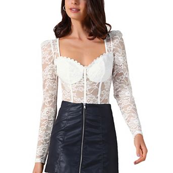 Women's Bodysuit Corset Tops Long Sleeve See Through Sheer t Shirt