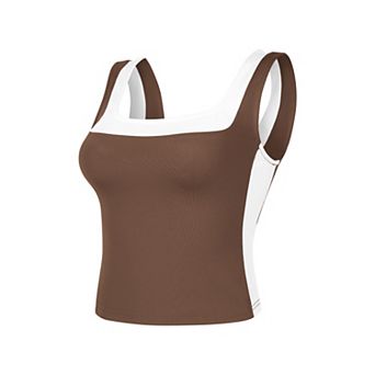 Womens Crop Tank Tops Summer Square Neck Top Slim Fitted Color Block Yoga Shirts
