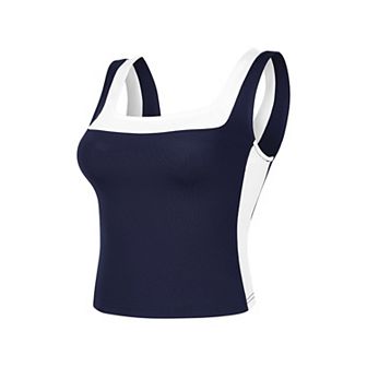 Womens Crop Tank Tops Summer Square Neck Top Slim Fitted Color Block Yoga Shirts