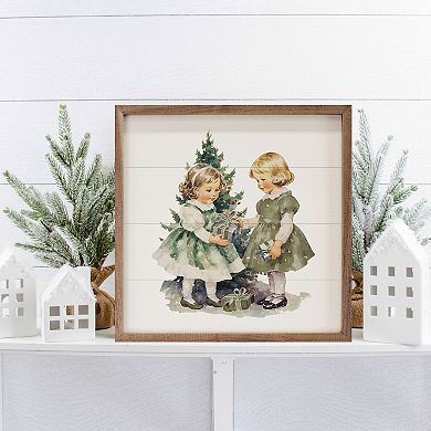 Kendrick Home Vintage Girls Christmas Wall Art with Tree