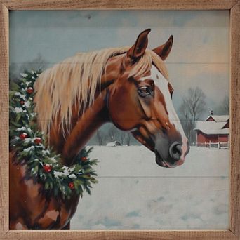 Kendrick Home Horse With Christmas Wreath Wall Art