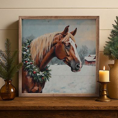 Kendrick Home Horse With Christmas Wreath Wall Art