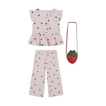 Girls 4-6x Little Lass 3 pc Strawberry Print Top, Culotte Pants & Purse Set